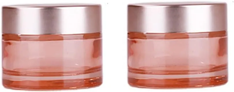 2 PCS 50ml /1.7oz Empty Pink Glass Cream Jars Pots Cosmetic Jars with Rose-Golden Cover and Inner Liner Refillable Makeup Sample Packing Face Cream Eye-shadow Moisturizer Emulsion Bottles Containers