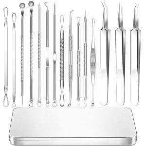 2022 Latest 15 PCS Blackhead Remover Tools, Pimple Popper Tool Kit, Acne Extractor Tool , Professional Stainless Pimple Acne Blemish Removal Tools Set with Metal Case