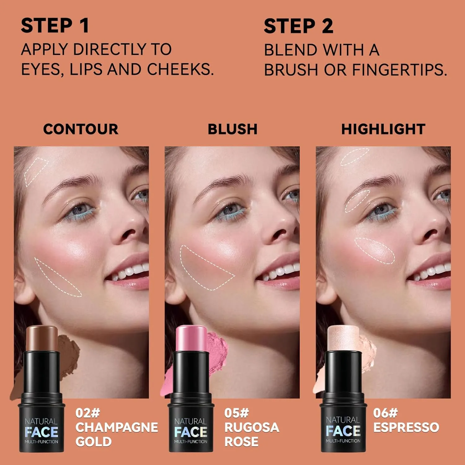 3Pcs Cream Contour Stick Makeup Kit, Shades with Highlighter, Blush and Bronzer Contour Stick for Sculpt the Cheeks, Long Lasting, Waterproof, Matte & Dewy Finish LIGHT MEDIUM(2 5 6)