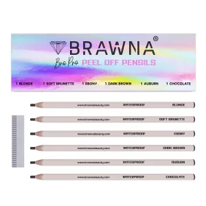 6 Pack Brow Pro Peel Off Pencils with Sharpener - Waterproof Mapping Pencils - Light Medium Dark Brown