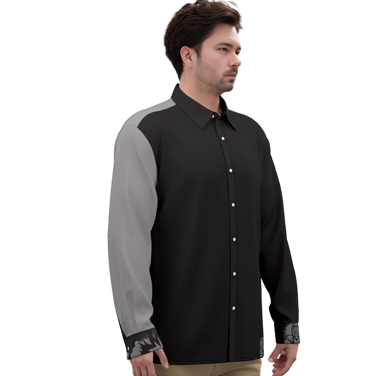 All-Over Print Men's Imitation Silk Long-Sleeved Shirt grey and black Leo print