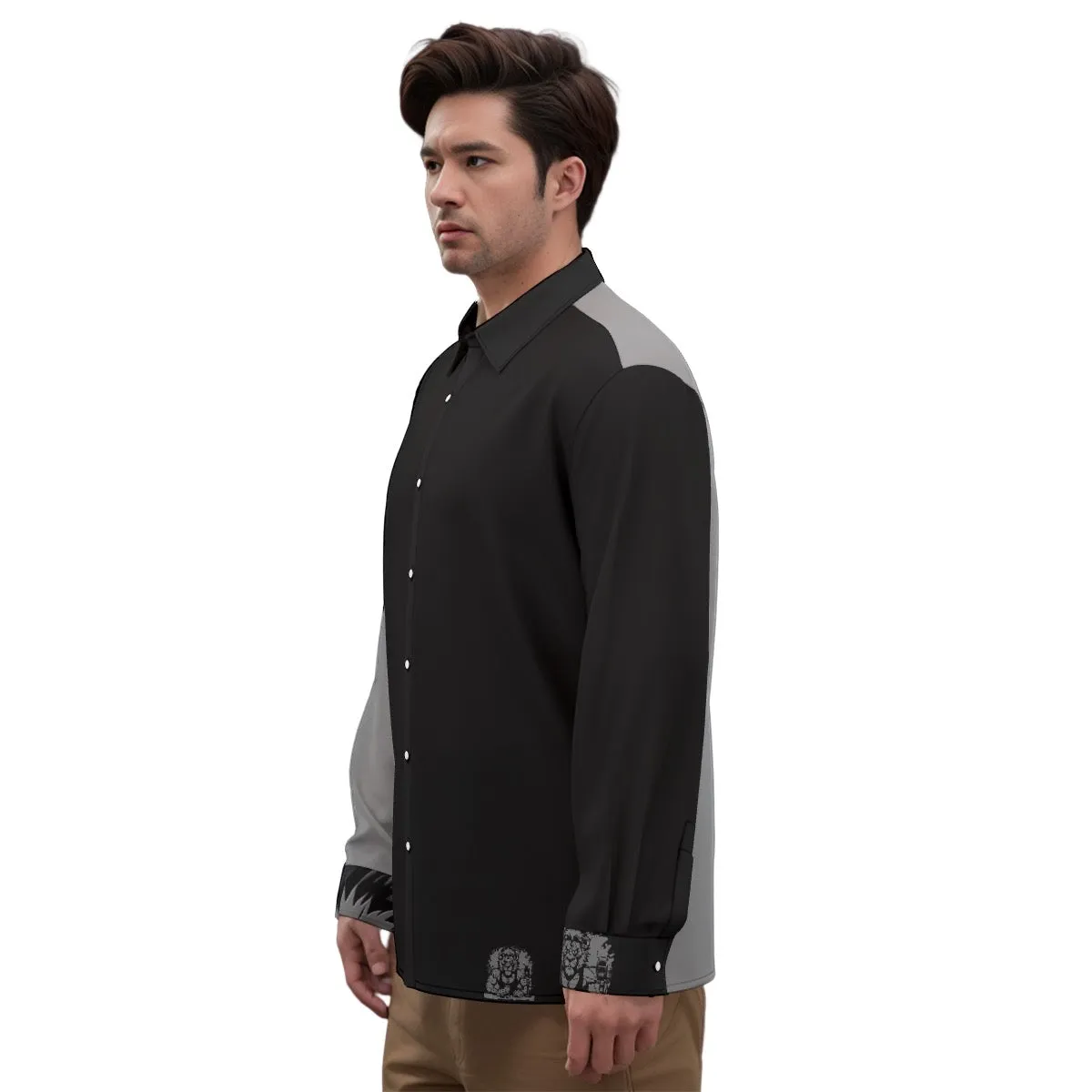 All-Over Print Men's Imitation Silk Long-Sleeved Shirt grey and black Leo print