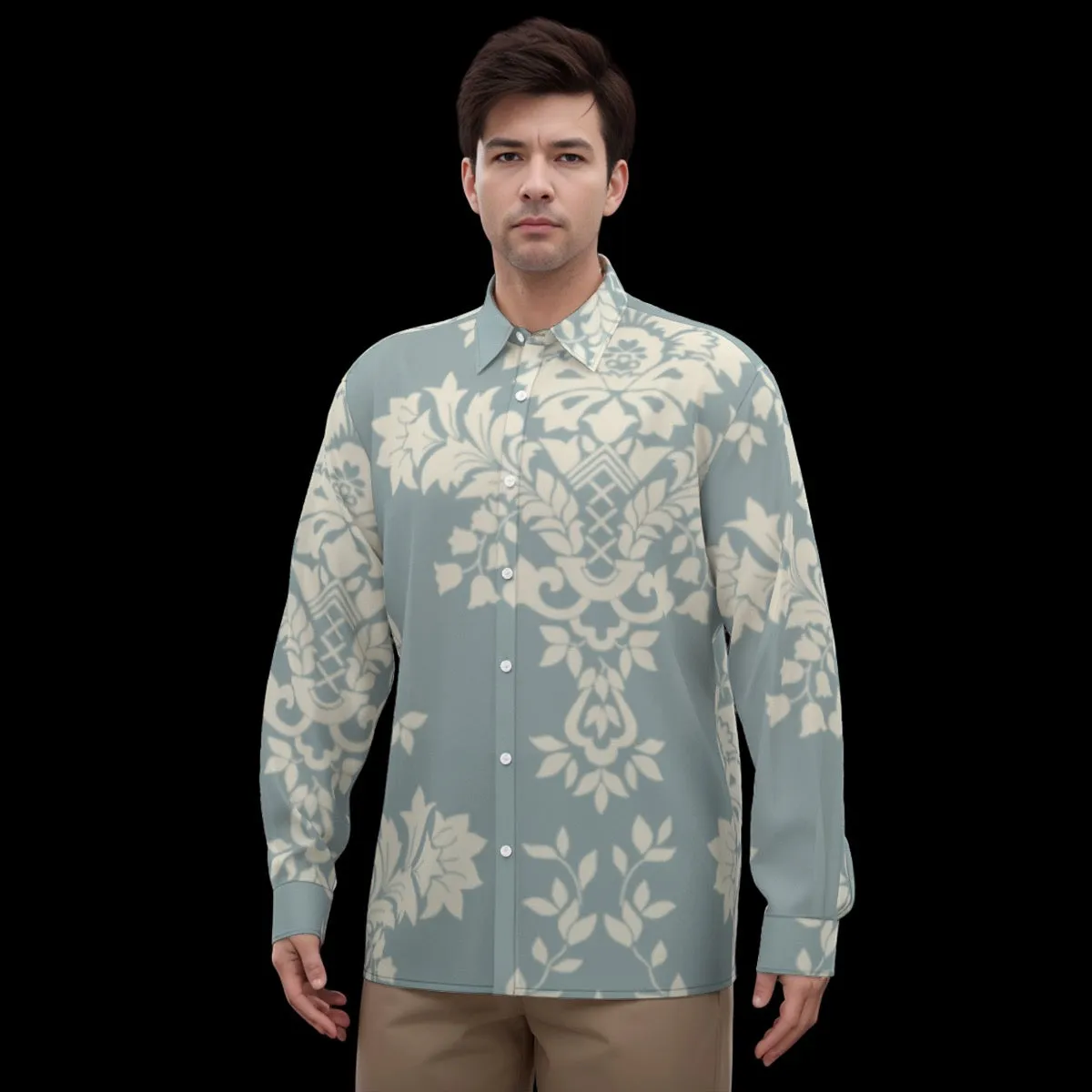 All-Over Print Men's Imitation Silk Long-Sleeved Shirt J 34 aqua with floral print