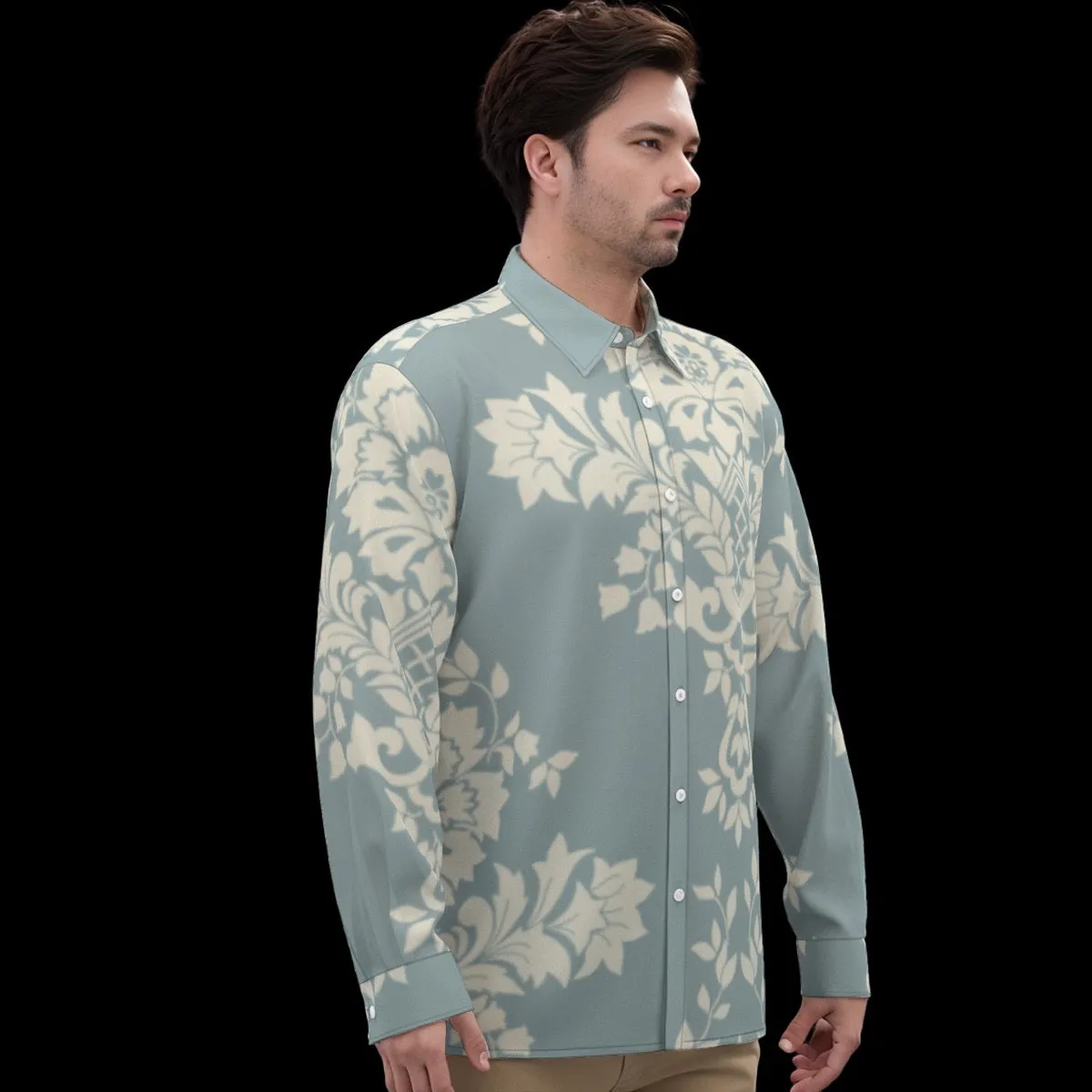 All-Over Print Men's Imitation Silk Long-Sleeved Shirt J 34 aqua with floral print