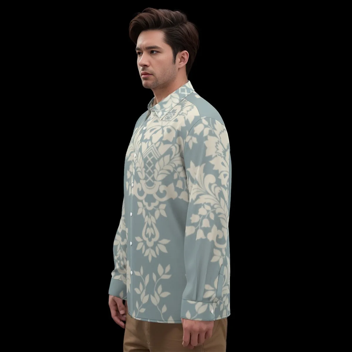 All-Over Print Men's Imitation Silk Long-Sleeved Shirt J 34 aqua with floral print