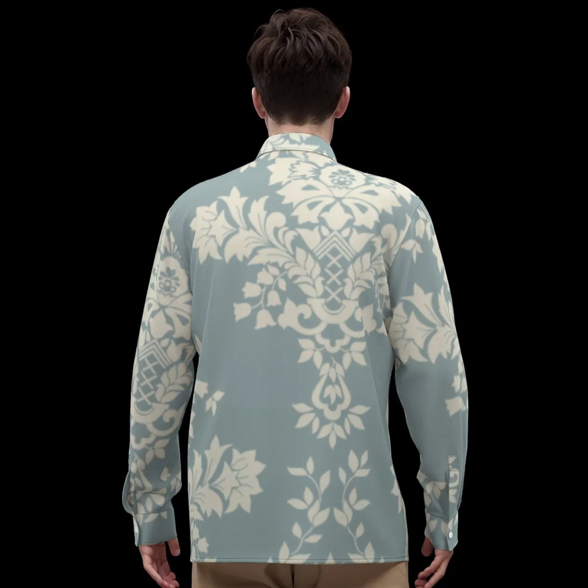 All-Over Print Men's Imitation Silk Long-Sleeved Shirt J 34 aqua with floral print