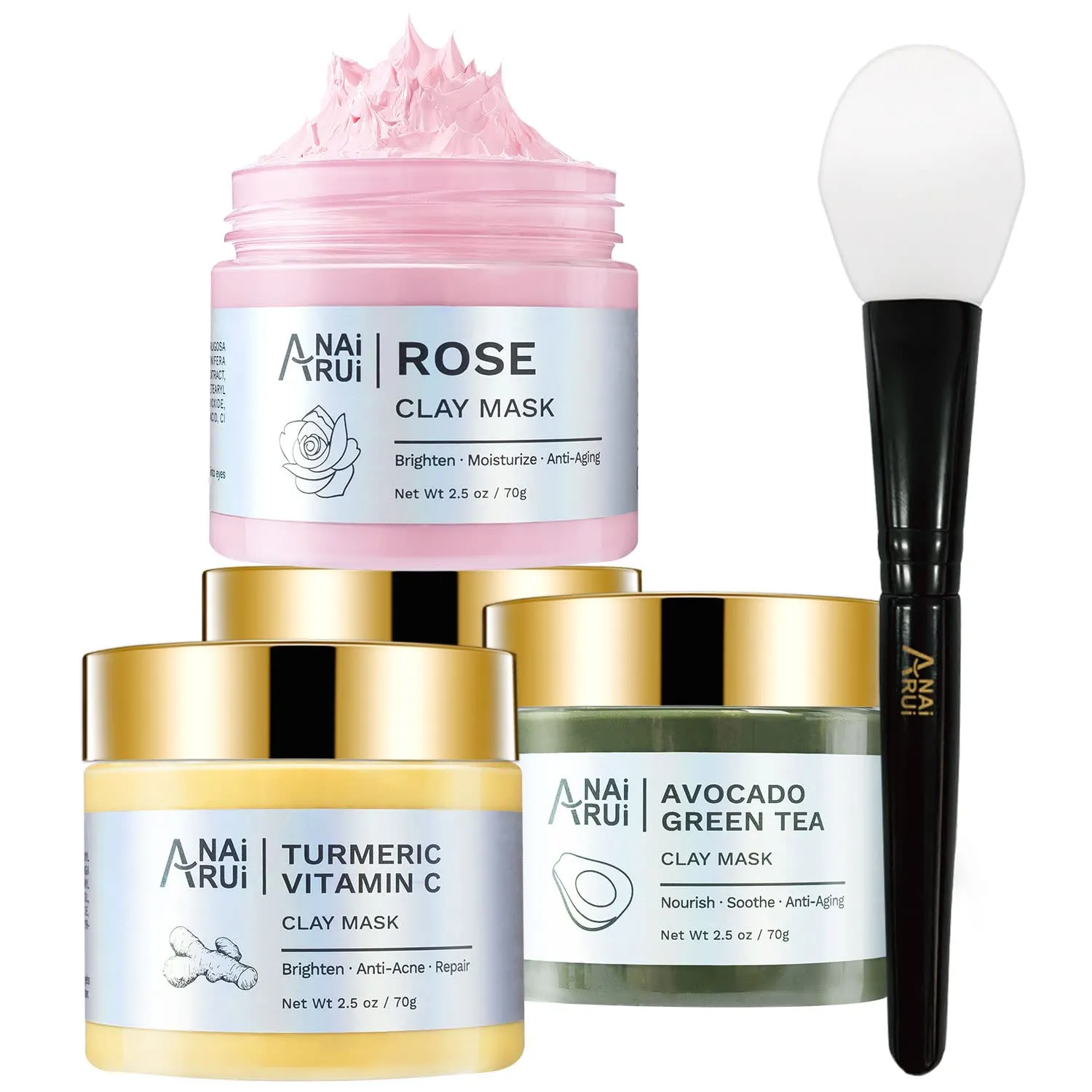 ANAI RUI Turmeric Viamtin C Clay Mask Set-Rose Facial Mask-Avocado Green Tea Mud Mask.,Clay Mask Set  2% Hyaluronic Acid Serum Skincare Set