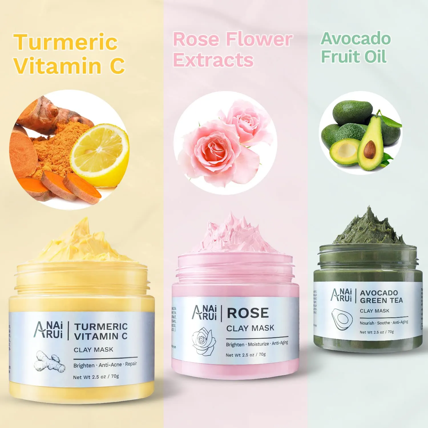 ANAI RUI Turmeric Viamtin C Clay Mask Set-Rose Facial Mask-Avocado Green Tea Mud Mask.,Clay Mask Set  2% Hyaluronic Acid Serum Skincare Set
