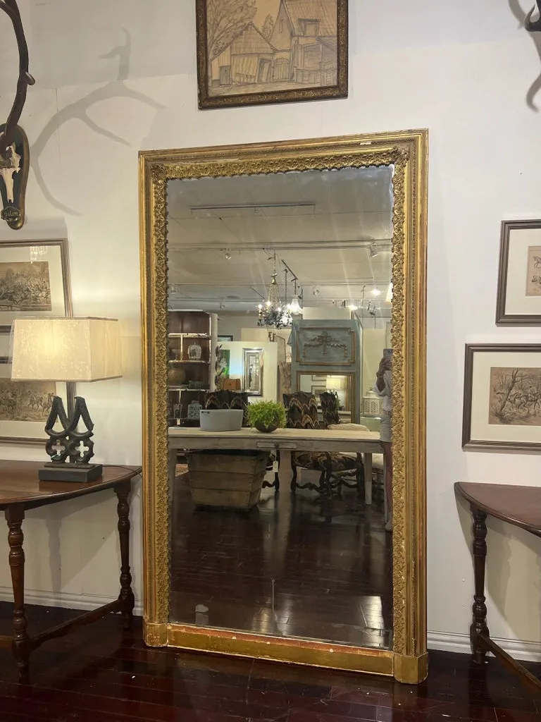 Antique French Gilt Floor Mirror with Original Glass