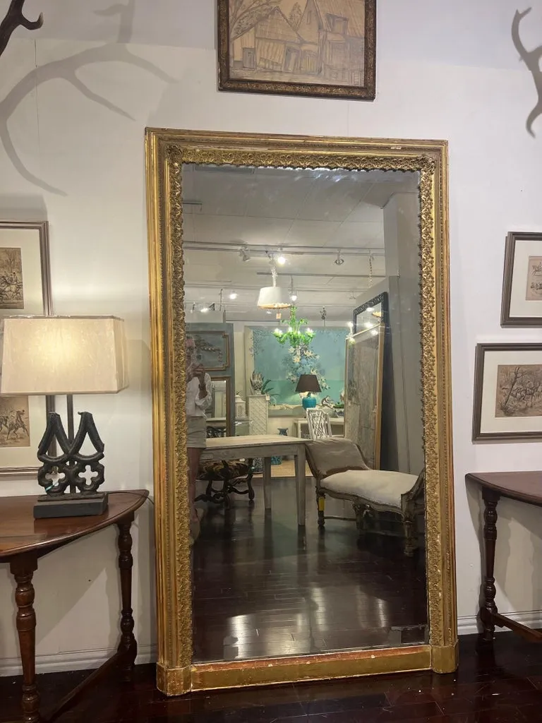 Antique French Gilt Floor Mirror with Original Glass