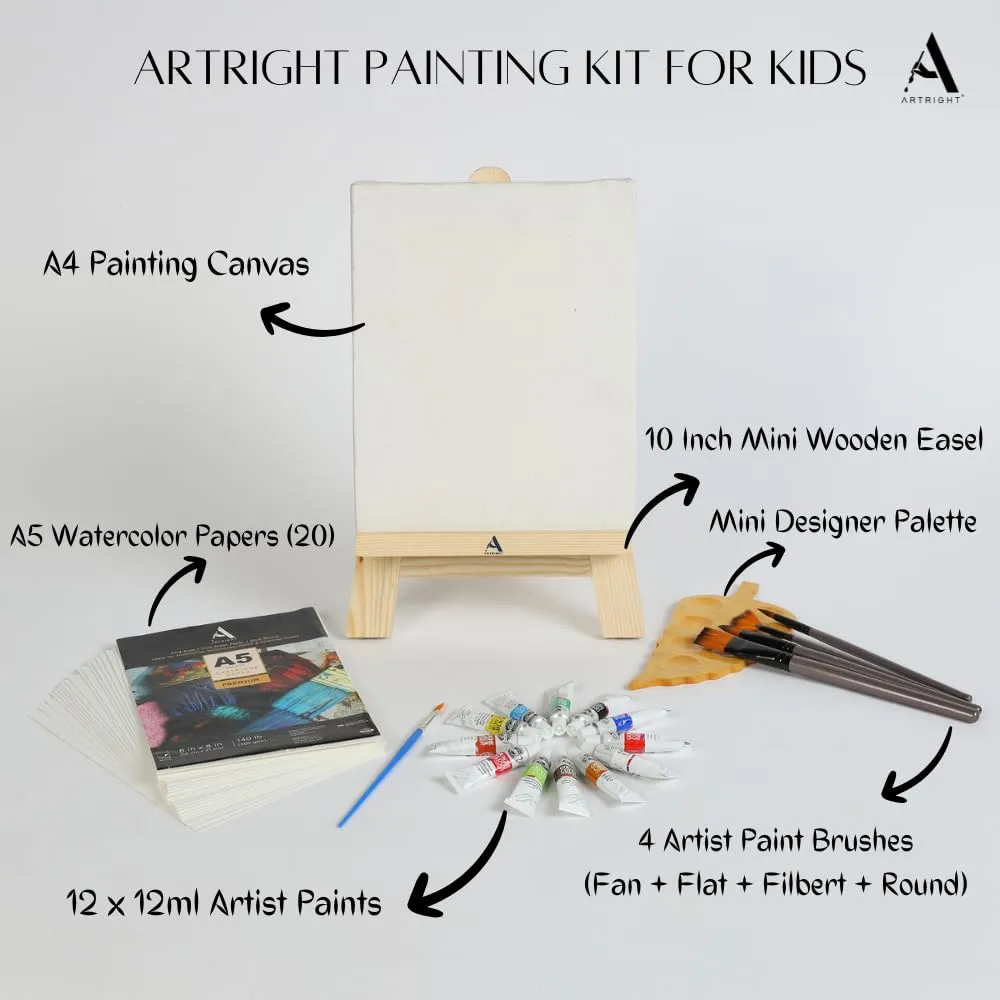 ArtRight 39 Pcs Painting Kit for Beginners & Kids with 4 Paint Brushes - Mini Wooden Easel with Canvas - 20 A5 Watercolor Papers - Mini Painting Palette - Color Set for Kids (12 x 12ml)