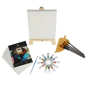 ArtRight 39 Pcs Painting Kit for Beginners & Kids with 4 Paint Brushes - Mini Wooden Easel with Canvas - 20 A5 Watercolor Papers - Mini Painting Palette - Color Set for Kids (12 x 12ml)