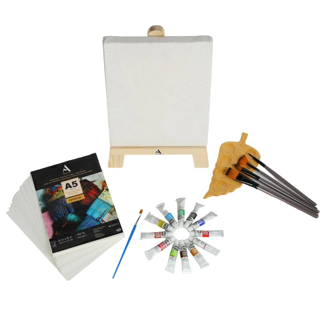 ArtRight 39 Pcs Painting Kit for Beginners & Kids with 4 Paint Brushes - Mini Wooden Easel with Canvas - 20 A5 Watercolor Papers - Mini Painting Palette - Color Set for Kids (12 x 12ml)