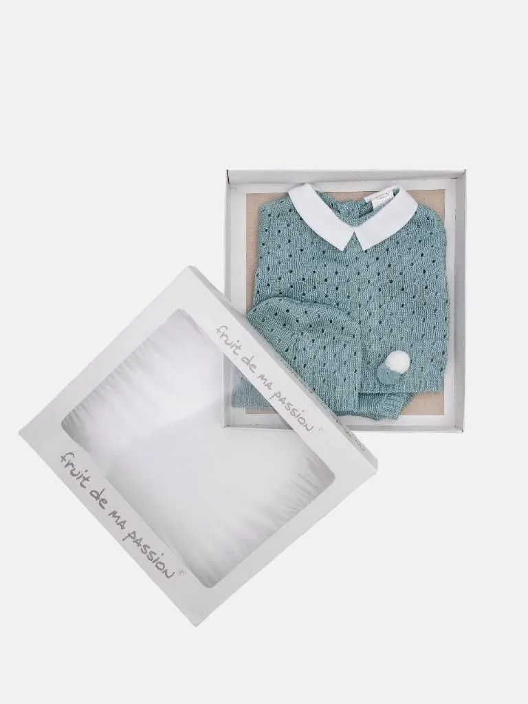 Baby Boy 3 Piece Dot Knitted Short Sleeve Summer Gift Box Set-Mint Green