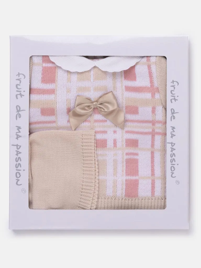 Baby Girl 3-piece Check Knit Gift Box Set - Beige