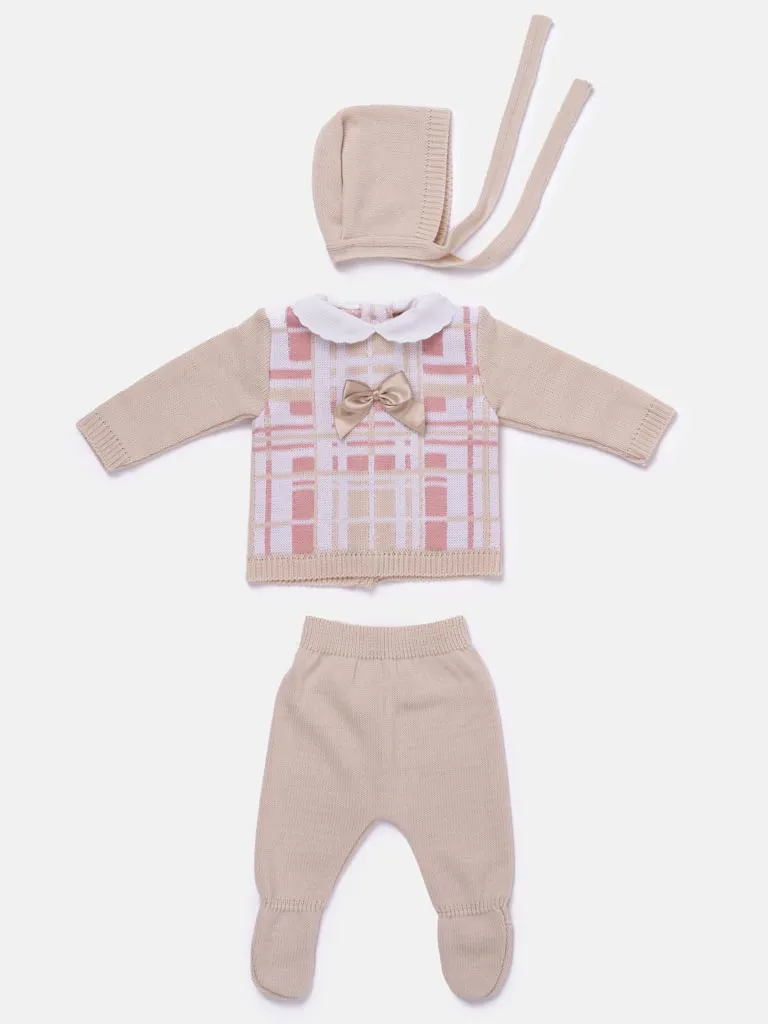 Baby Girl 3-piece Check Knit Gift Box Set - Beige