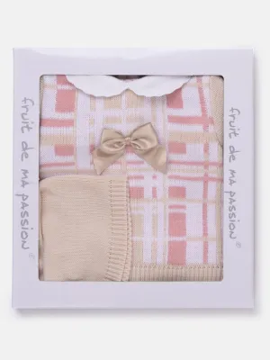 Baby Girl 3-piece Check Knit Gift Box Set - Beige