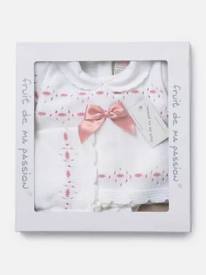 Baby Girl 3-piece Flower Knitted Gift Box Set-White & Dusty Pink