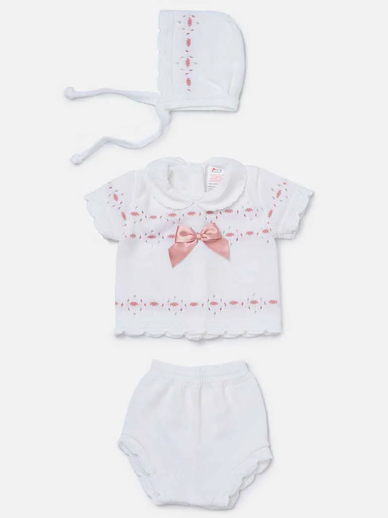 Baby Girl 3-piece Flower Knitted Gift Box Set-White & Dusty Pink