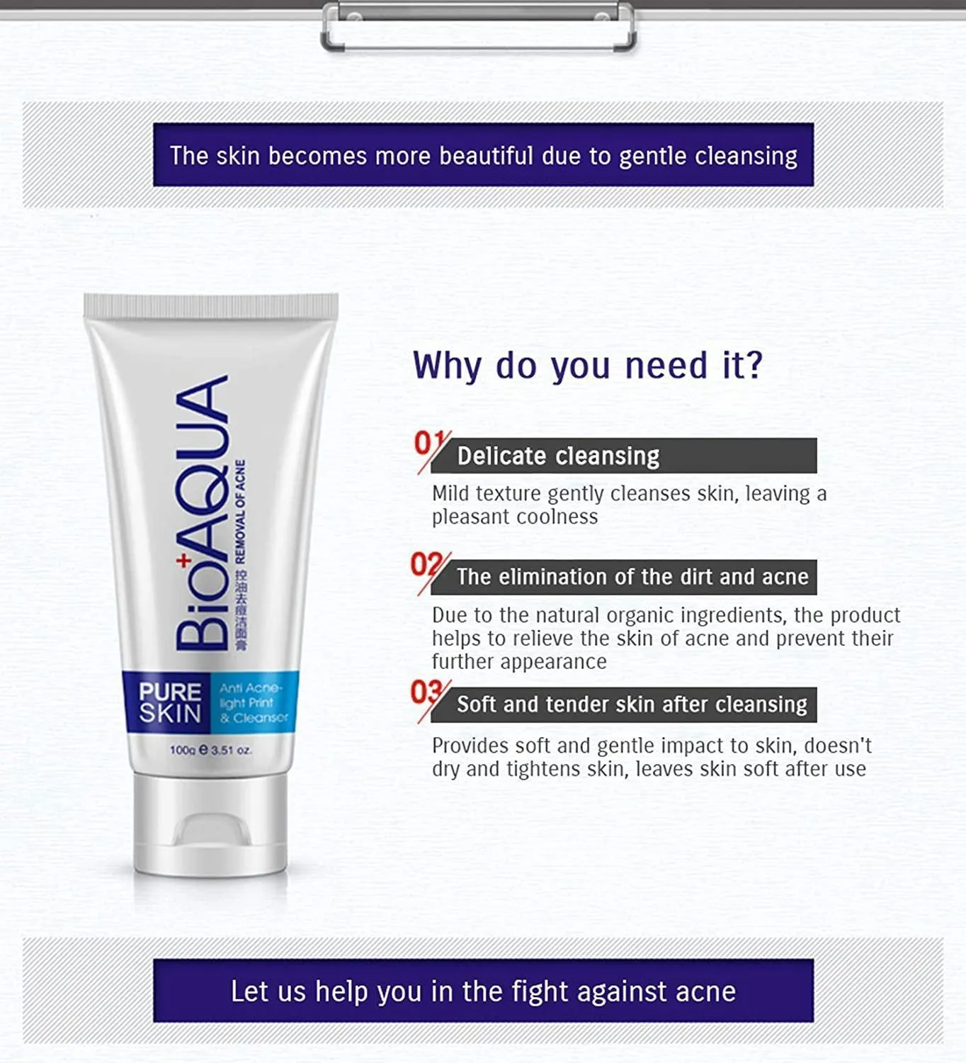BIOAQUA Skin Care Acne Face Removal Cleanser Cream Spots Scar Blemish Mark 100g
