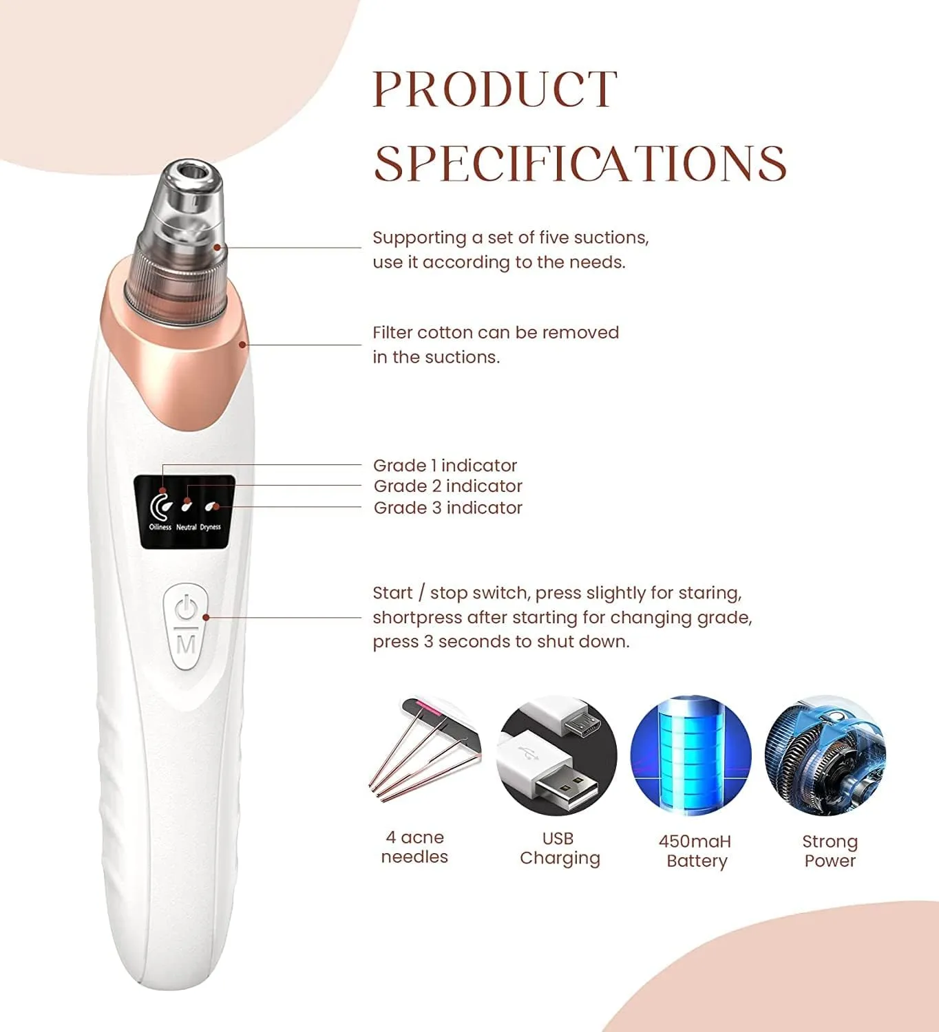 Blackhead Remover Pore Vacuum,Upgraded Facial Pore Cleaner-5 Suction Power,5 Probes,USB Rechargeable Blackhead Vacuum Kit Electric Acne Extractor Tool for Women & Men