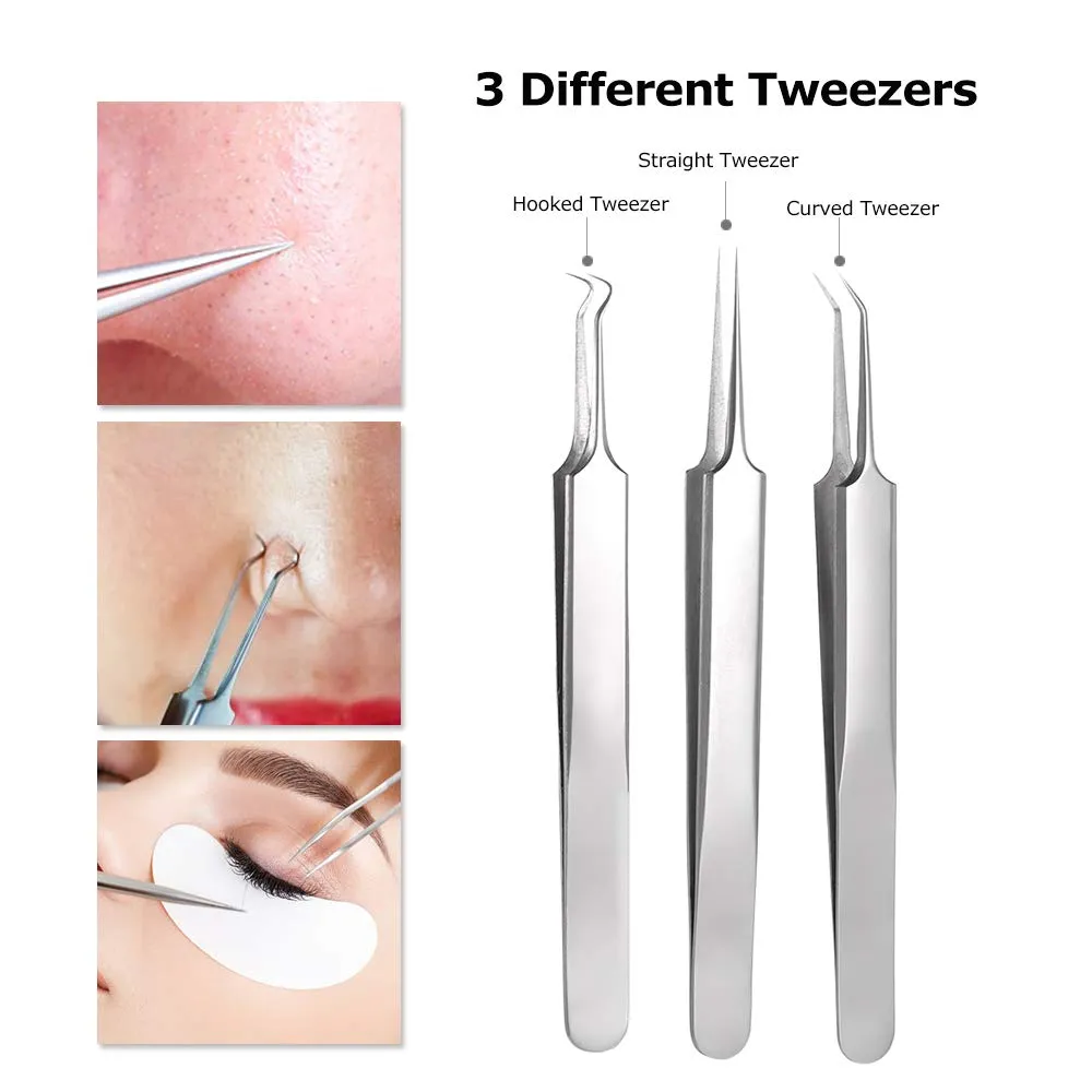 Blackhead Remover Tool Blackhead Extraction Kit Acne Blemish Pimple Extractor Needle Facial Comedones Clip Pimple Tweezer Blemish 8-in-1 with Metal Case