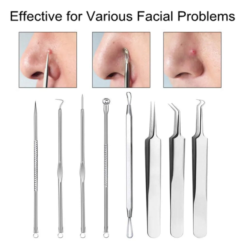 Blackhead Remover Tool Blackhead Extraction Kit Acne Blemish Pimple Extractor Needle Facial Comedones Clip Pimple Tweezer Blemish 8-in-1 with Metal Case