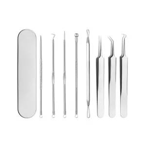 Blackhead Remover Tool Blackhead Extraction Kit Acne Blemish Pimple Extractor Needle Facial Comedones Clip Pimple Tweezer Blemish 8-in-1 with Metal Case