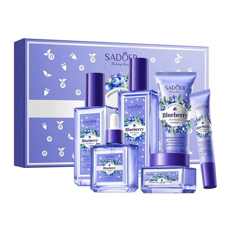 Blueberry Skin Care Set, 6-In-1 Skincare Gift Set With Facial Cleanser, Face Cream, Eye Cream, Serum, Lotion, Toner, Hydrating Skincare Gift Set For Women