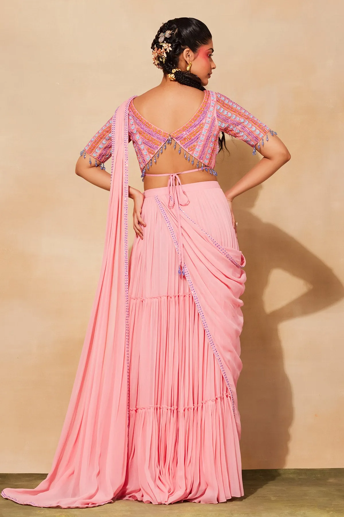 BLUSH PINK LEAF EMBROIDERED SAREE SET