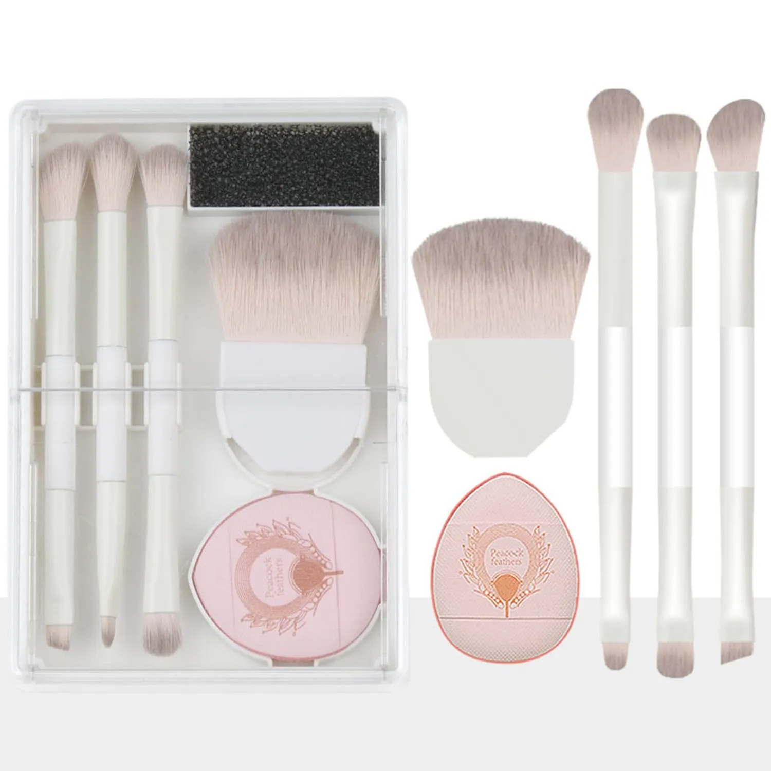 Brush Set Portable 6-piece Storage Box Mini Eye Shadow Brush Loose Powder Brush Powder Puff Professional Face & Eye Makeup Kit (White)