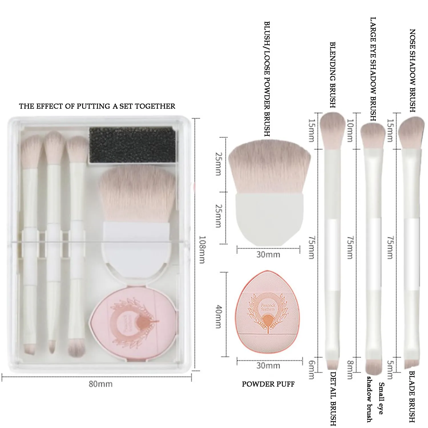 Brush Set Portable 6-piece Storage Box Mini Eye Shadow Brush Loose Powder Brush Powder Puff Professional Face & Eye Makeup Kit (White)