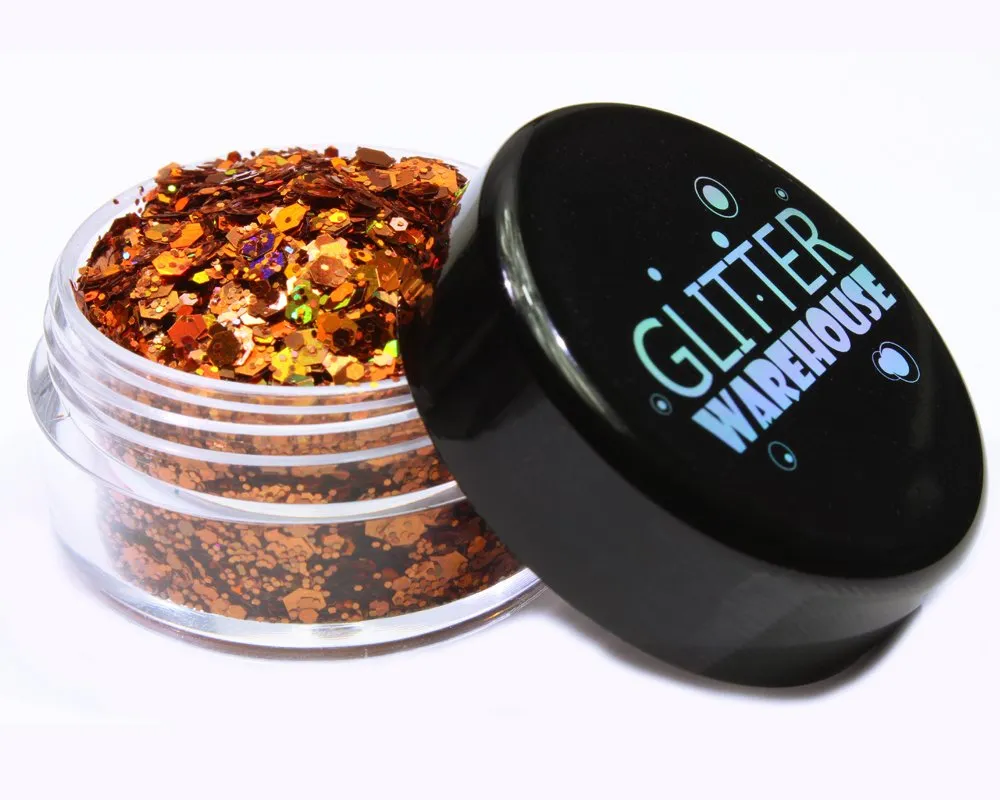 Burnt Orange Holographic Chunky Glitter Mix GLITTERWAREHOUSE COSMETIC GLITTER Loose Glitter Powder for Festival Beauty Makeup Face Body Hair Nails Eyes Lips (100g Bag)