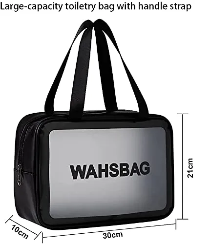 Clear Toiletry Bag, Wash Make Up Bag PVC Waterproof Zippered Cosmetic Bag (Black Large)