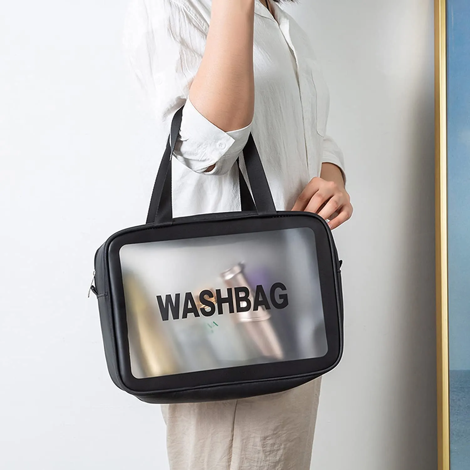 Clear Toiletry Bag, Wash Make Up Bag PVC Waterproof Zippered Cosmetic Bag (Black Large)