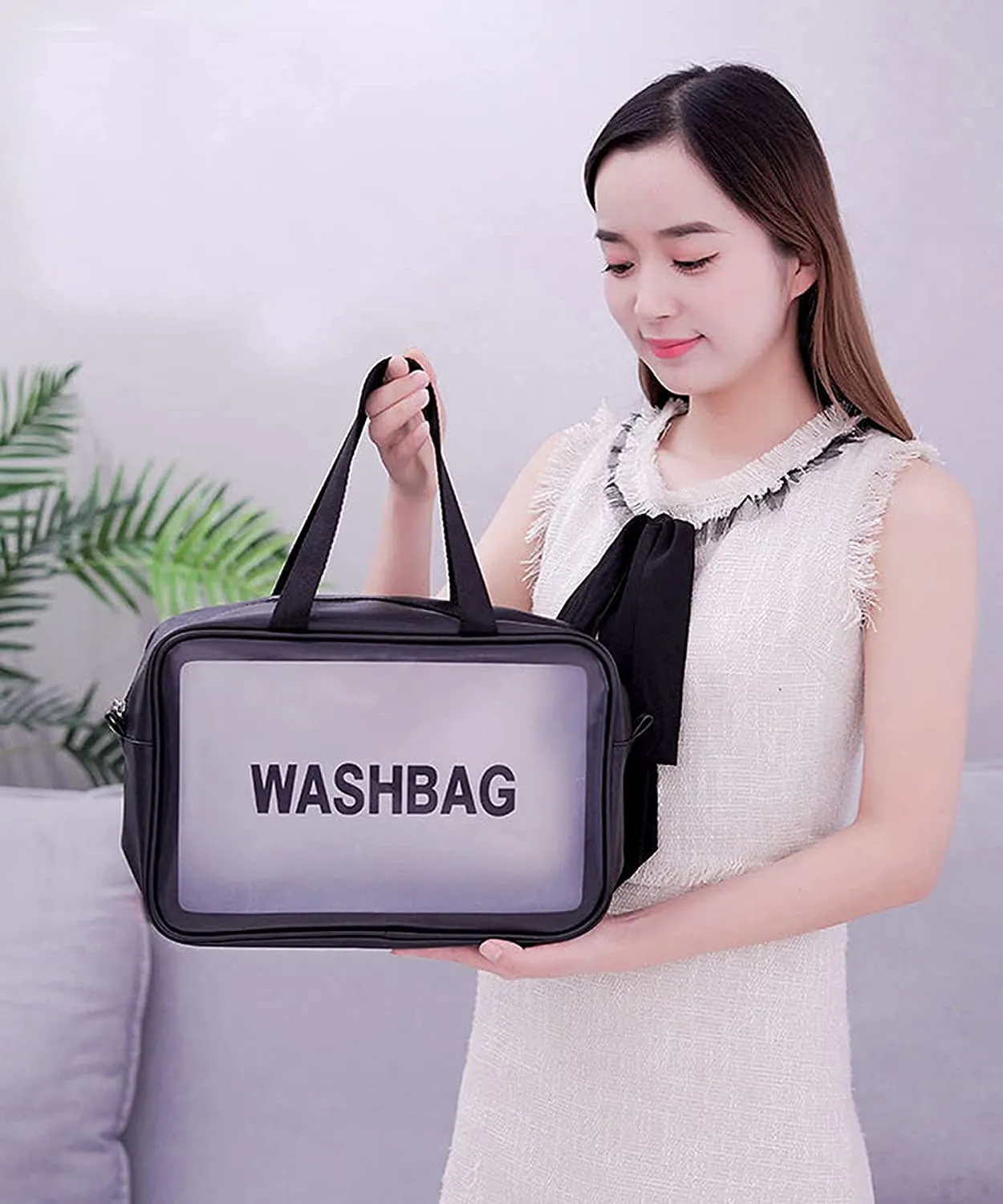 Clear Toiletry Bag, Wash Make Up Bag PVC Waterproof Zippered Cosmetic Bag (Black Large)