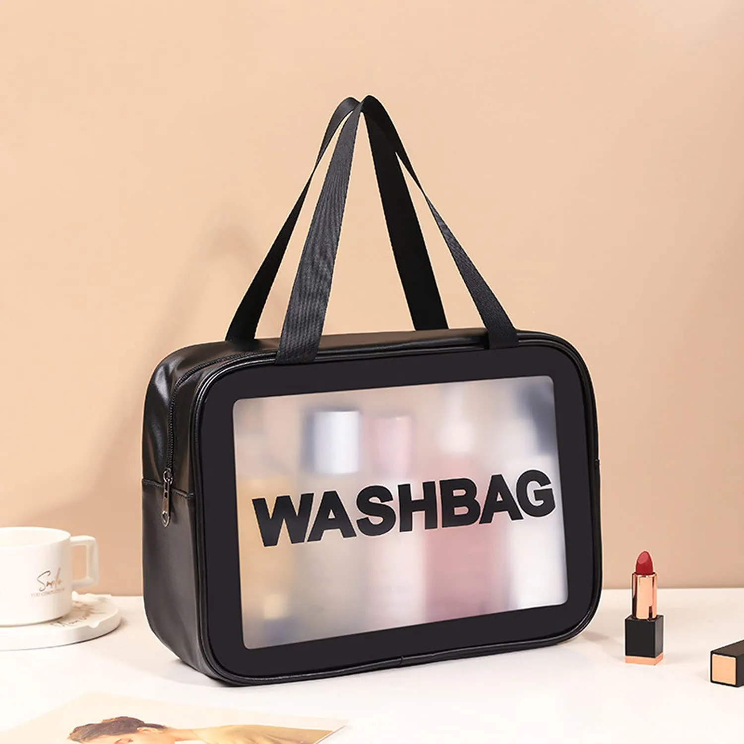 Clear Toiletry Bag, Wash Make Up Bag PVC Waterproof Zippered Cosmetic Bag (Black Large)