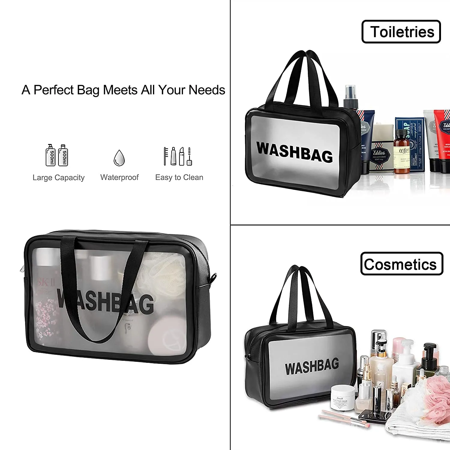 Clear Toiletry Bag, Wash Make Up Bag PVC Waterproof Zippered Cosmetic Bag (Black Large)