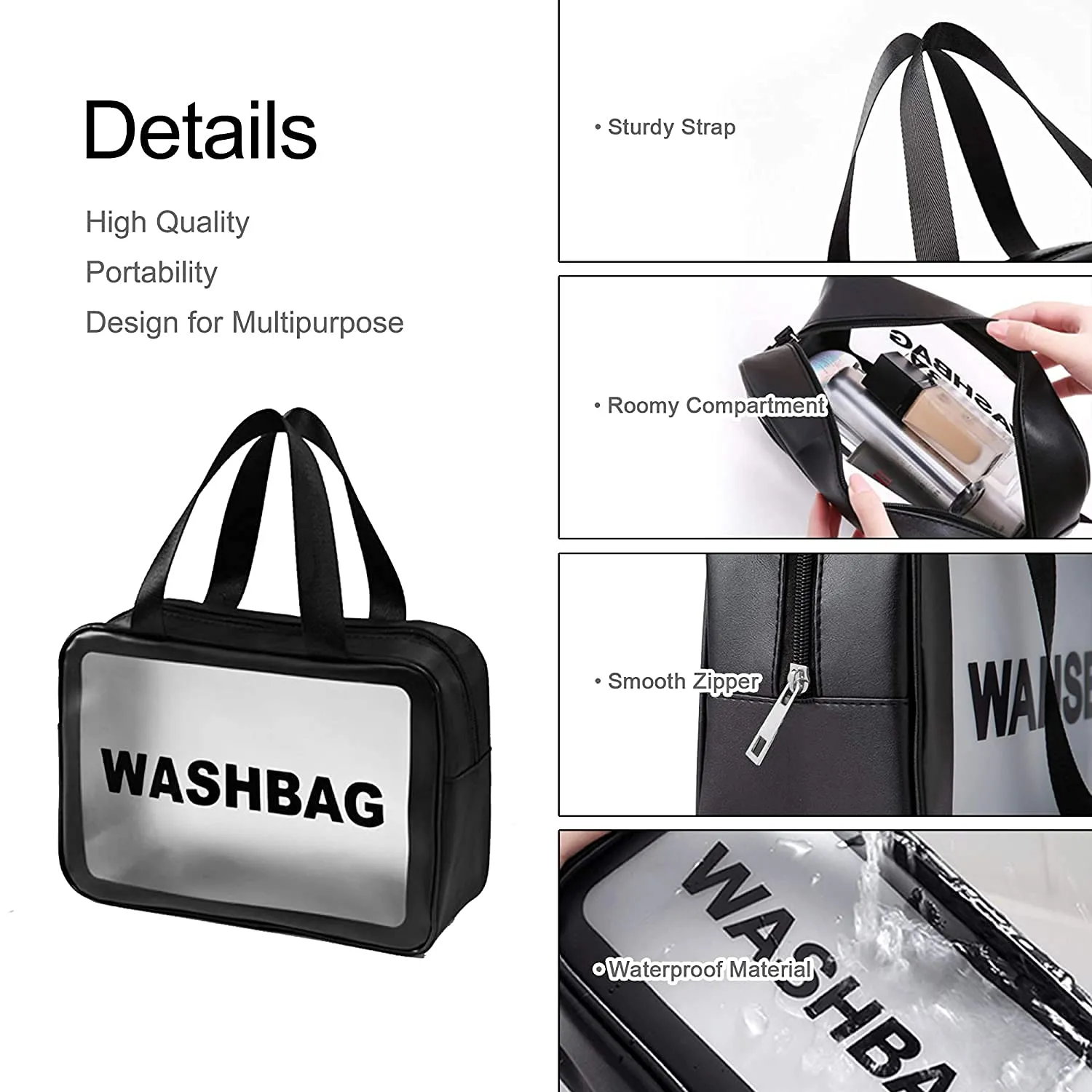 Clear Toiletry Bag, Wash Make Up Bag PVC Waterproof Zippered Cosmetic Bag (Black Large)