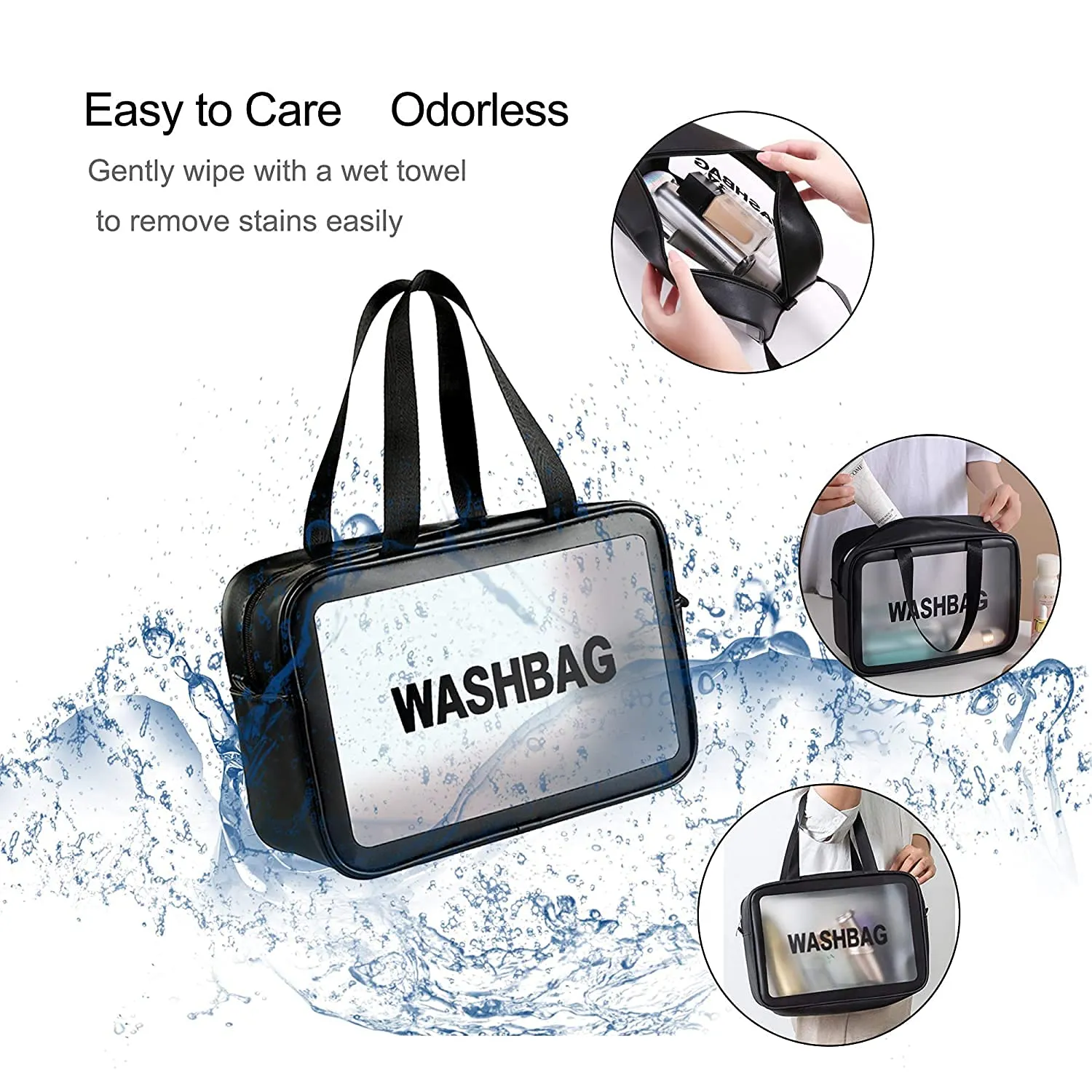 Clear Toiletry Bag, Wash Make Up Bag PVC Waterproof Zippered Cosmetic Bag (Black Large)