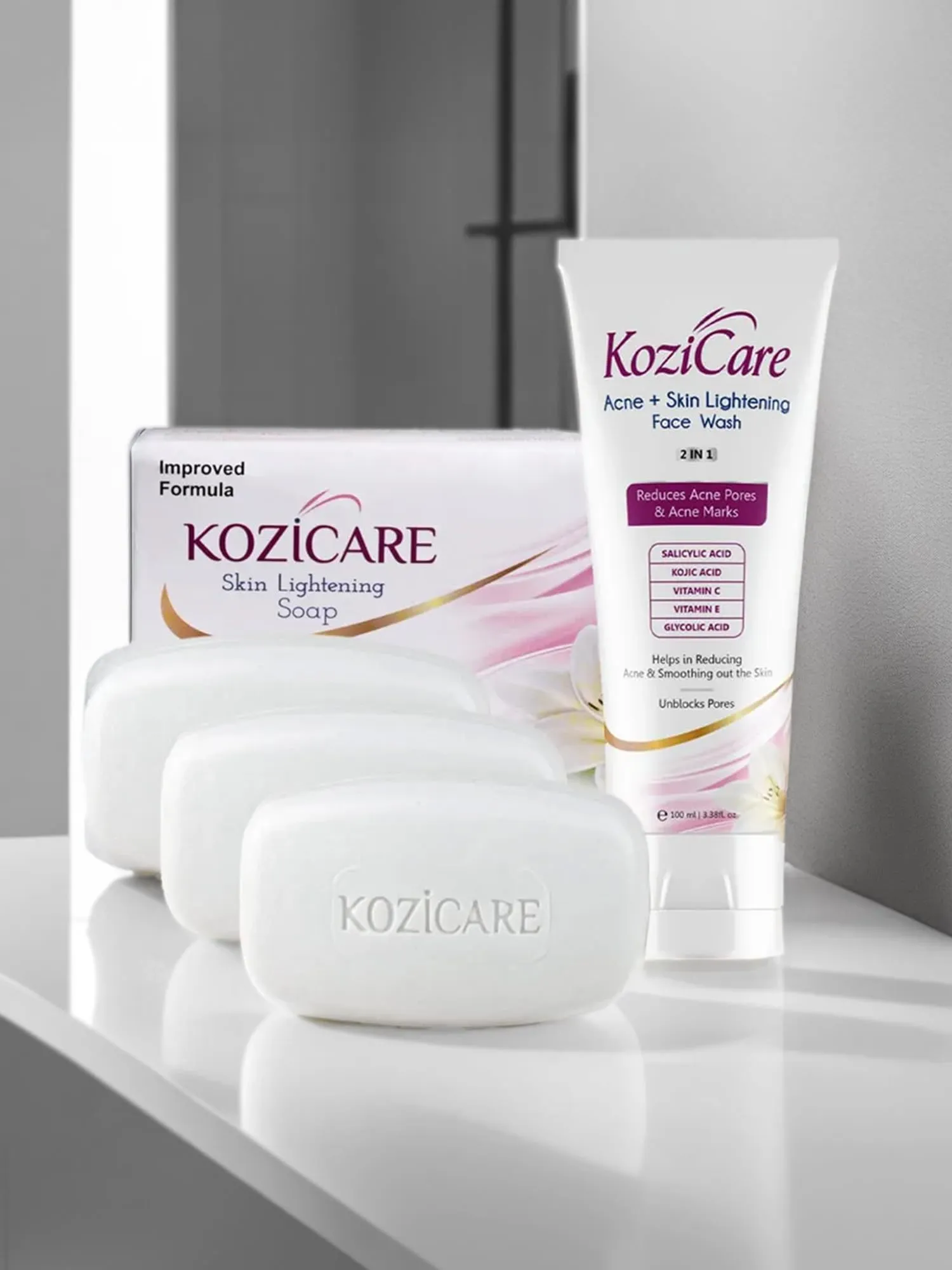 Combo: 3 Skin Whitening Soap Bars & 1 Kojic Acid Face Wash | 75g each | Daily Cleanser | All Skin Types