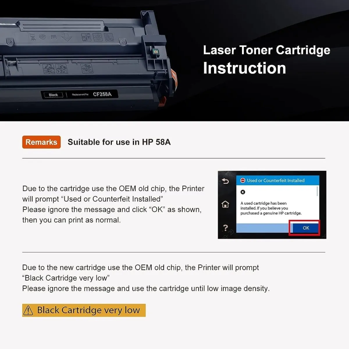 Compatible 58A CF258A Toner Cartridge Black 2 Pack (with Chip, High Yield)
