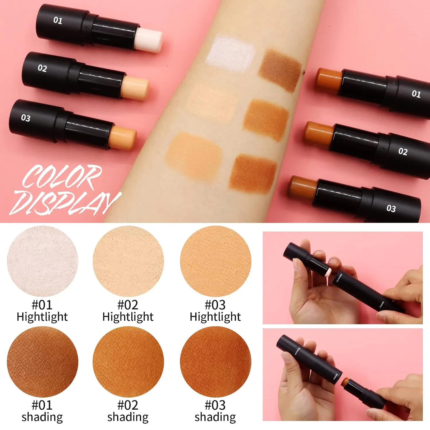Cream Contour Stick Makeup Highlighter Stick Concealer Stick with Double Ended Design Cream Bronzer Stick Long Lasting Professional Makeup Contour, Shaping 3D Face Effect (#03)