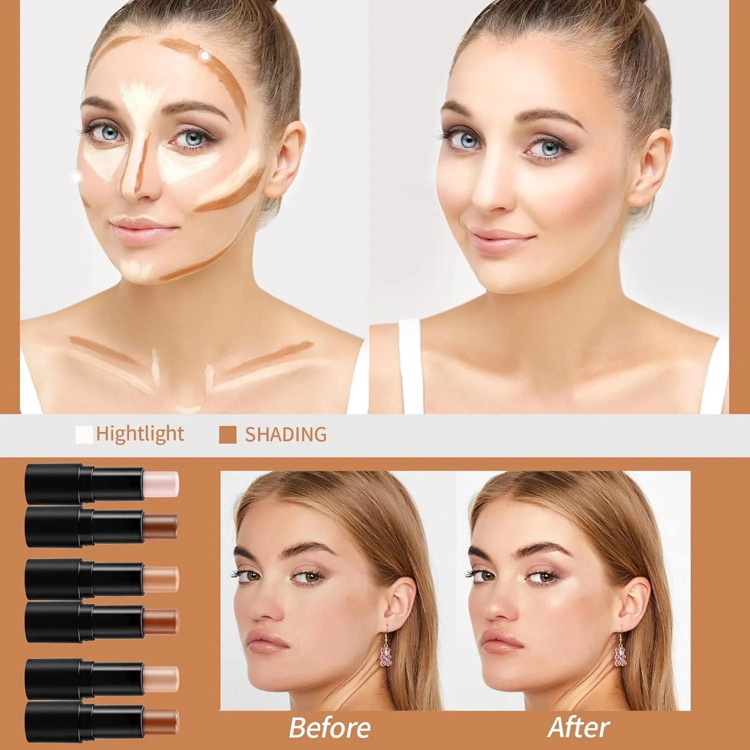 Cream Contour Stick Makeup Highlighter Stick Concealer Stick with Double Ended Design Cream Bronzer Stick Long Lasting Professional Makeup Contour, Shaping 3D Face Effect (#03)