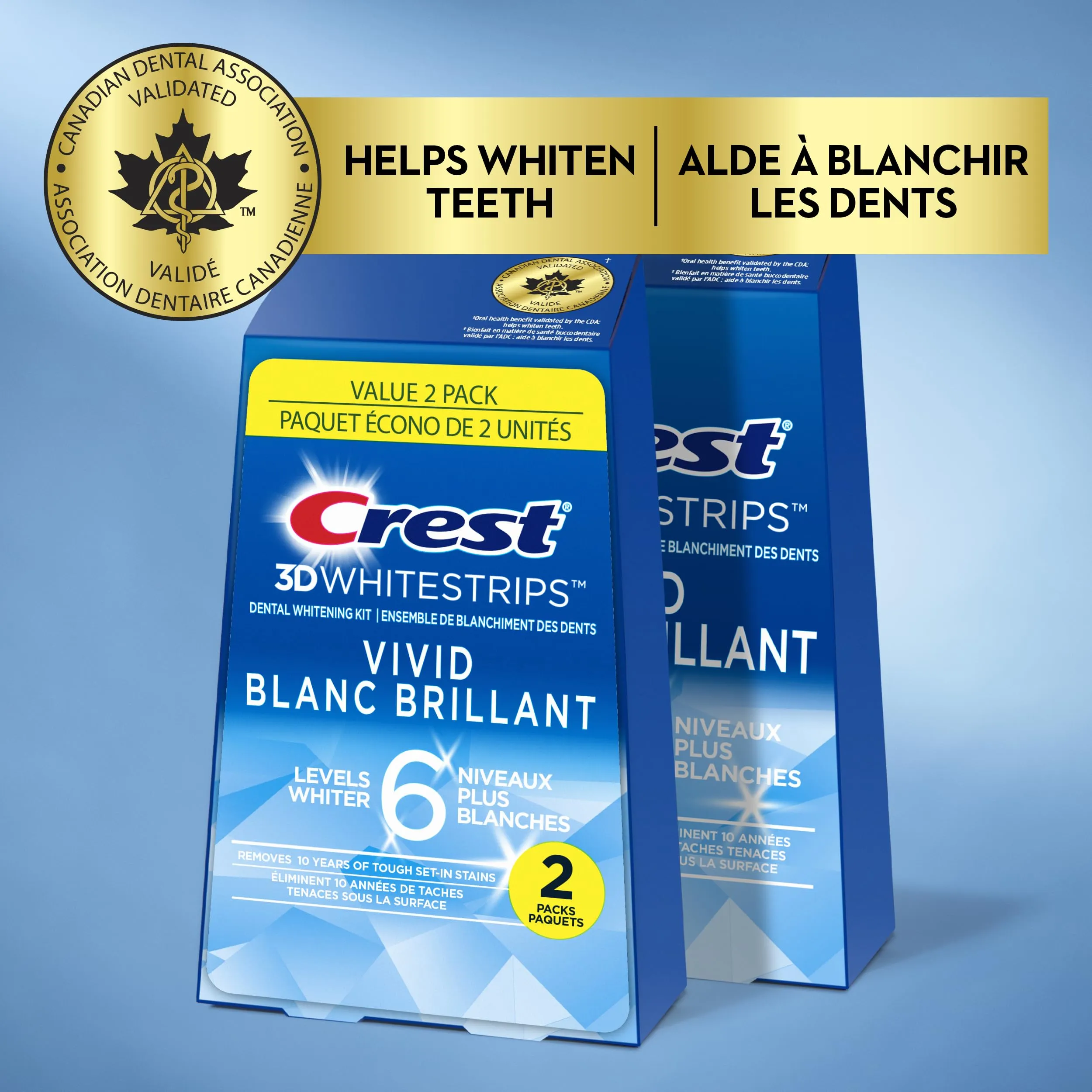 Crest 3DWhitestrips Classic Vivid At-home Teeth Whitening Kit, 10 Treatments, 6 Levels Whiter, Pack of 2
