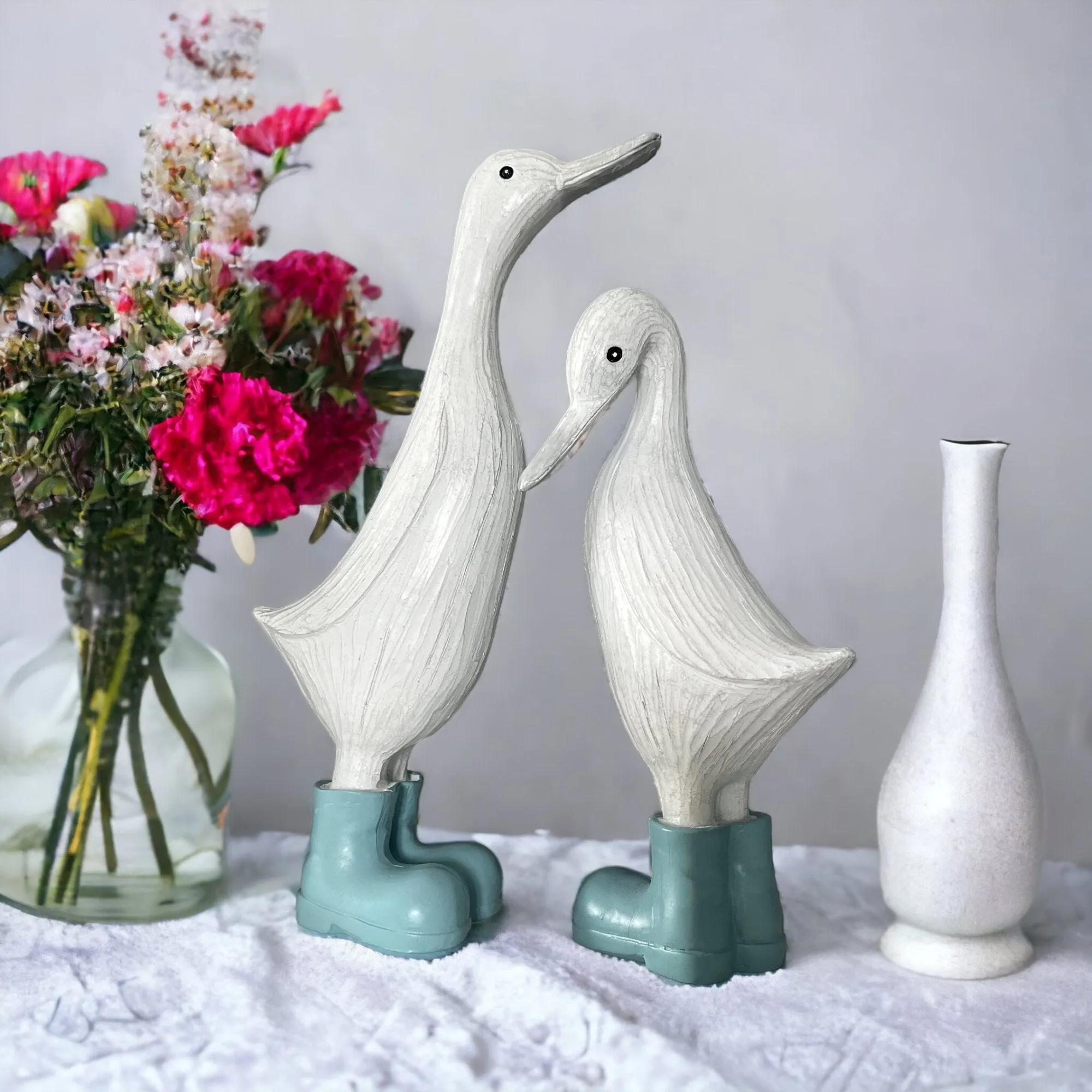 Denny & Deanna Duck White Ornaments in Blue Wellies