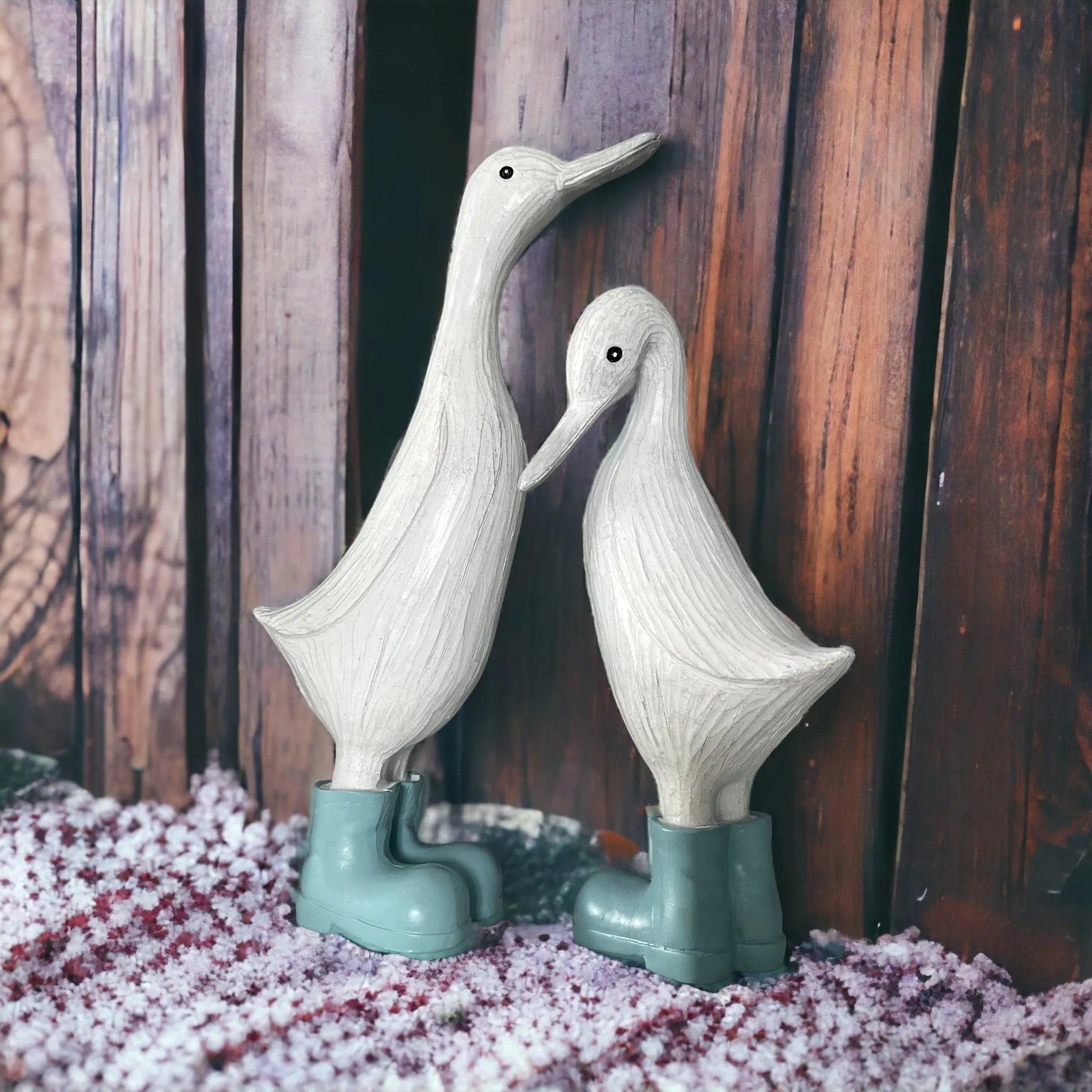 Denny & Deanna Duck White Ornaments in Blue Wellies