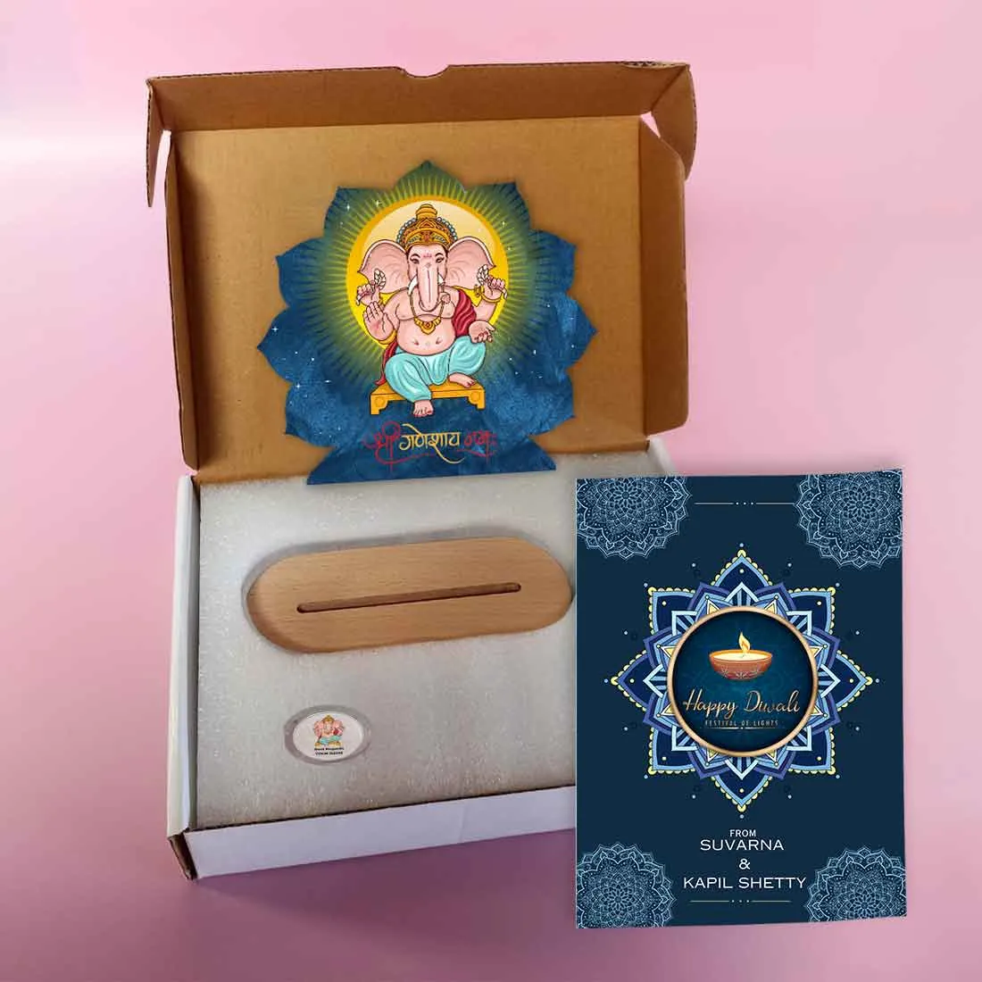 Diwali Gift Set with Lord Ganesha Lamp 10 gm Silver Coin and Greeting Card