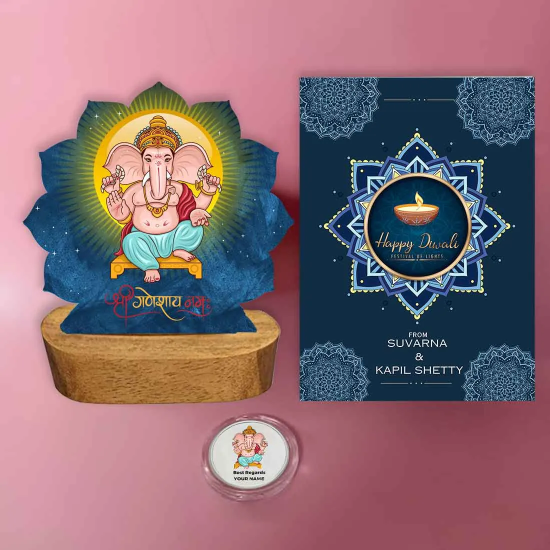 Diwali Gift Set with Lord Ganesha Lamp 10 gm Silver Coin and Greeting Card