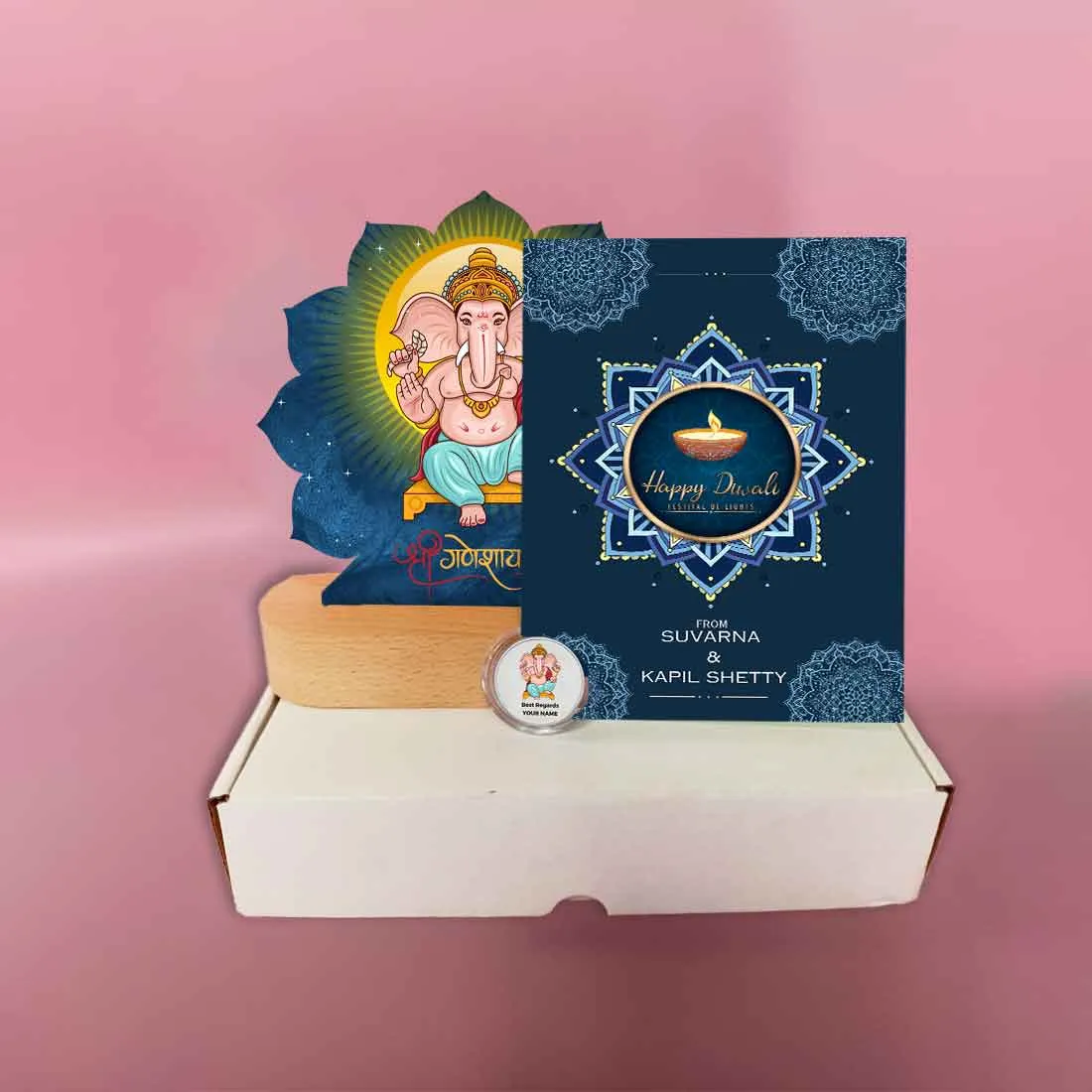 Diwali Gift Set with Lord Ganesha Lamp 10 gm Silver Coin and Greeting Card